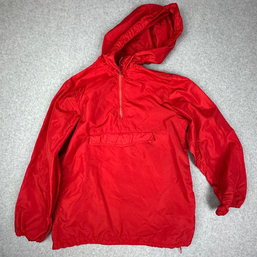 Vintage Red Nylon Half Zip Hooded Windbreaker Pullover Jacket Women Medium